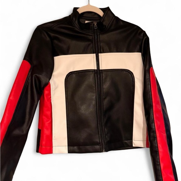 Black & Red Moto Motorcycle Leather Jacket Zipper Closure - Picture 1 of 5